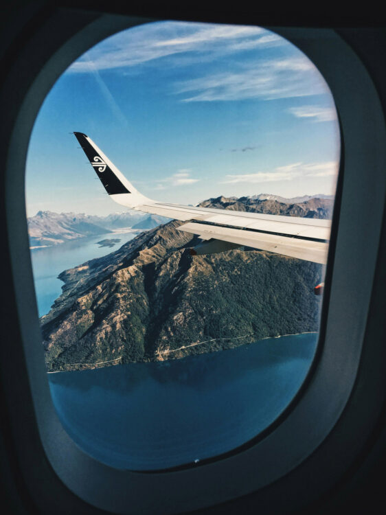 View of mountains from plane seat